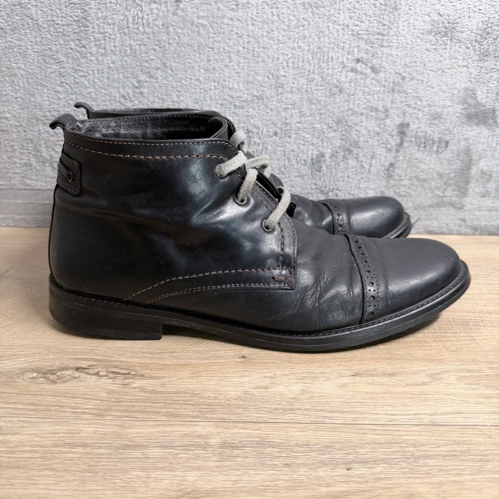 Johnston & Murphy Boots‎ Mens 11.5 Black Leather Lace Up Cap Toe Brogue Detail